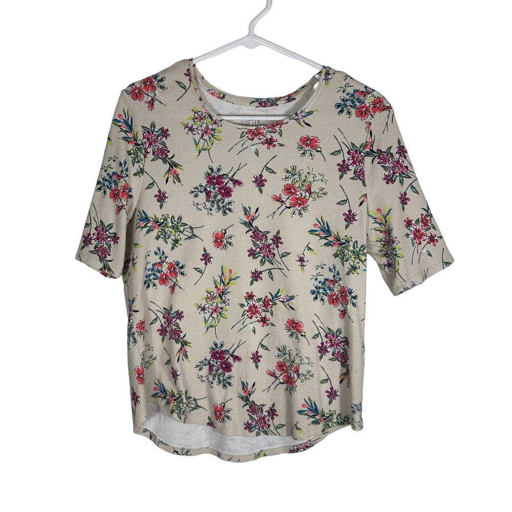 Time & Tru Womens Floral Print T-Shirt Tan Pink Cotton Short‎ Sleeve Large 12-14
